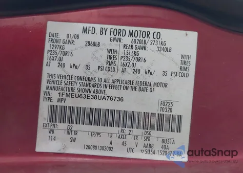 2008 Ford Explorer Xlt из США, поврежденный, VIN 1FMEU63E38UA76736